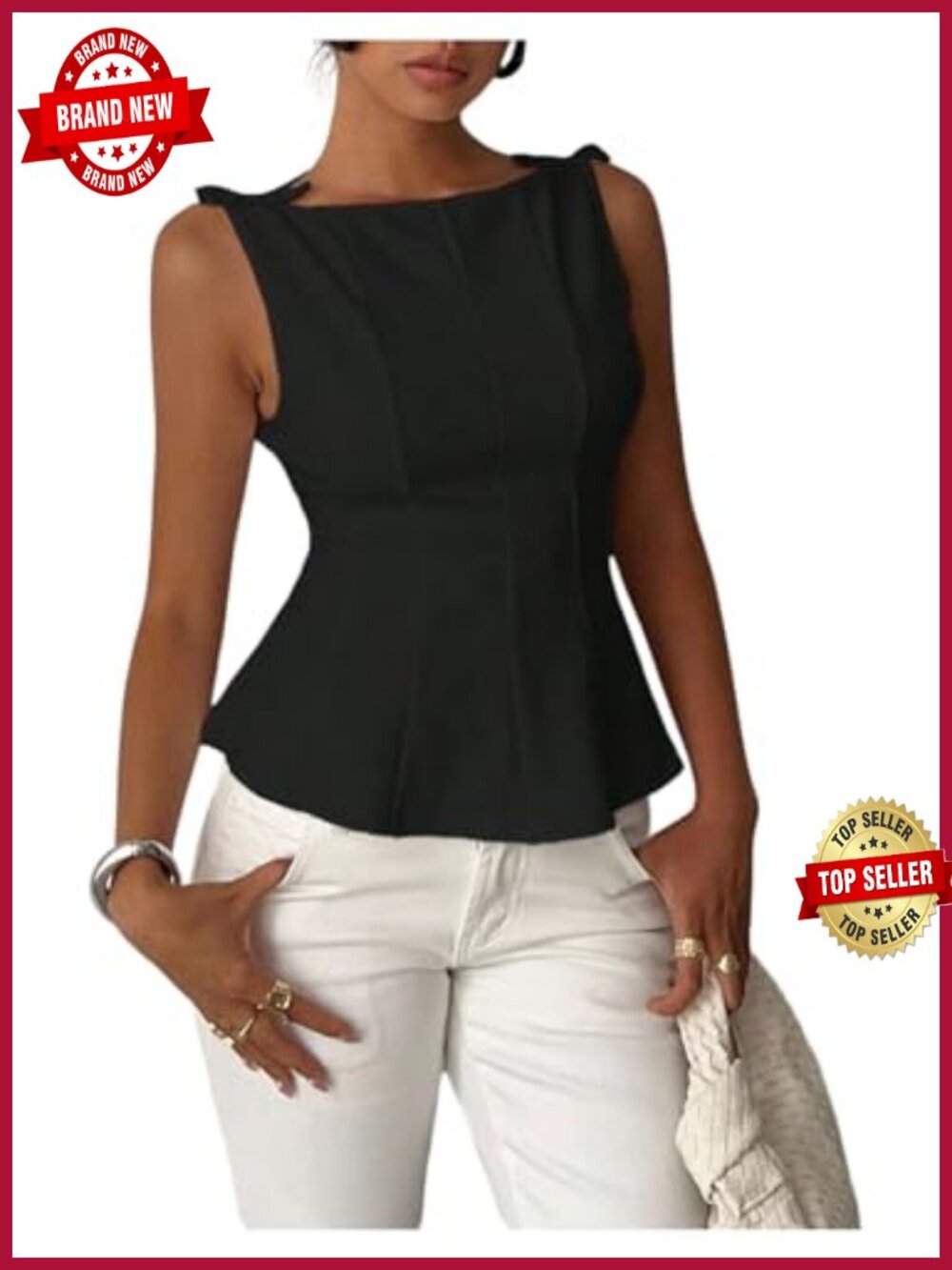 Boat Neck Sleeveless Peplum Tank Top with Bow Detail